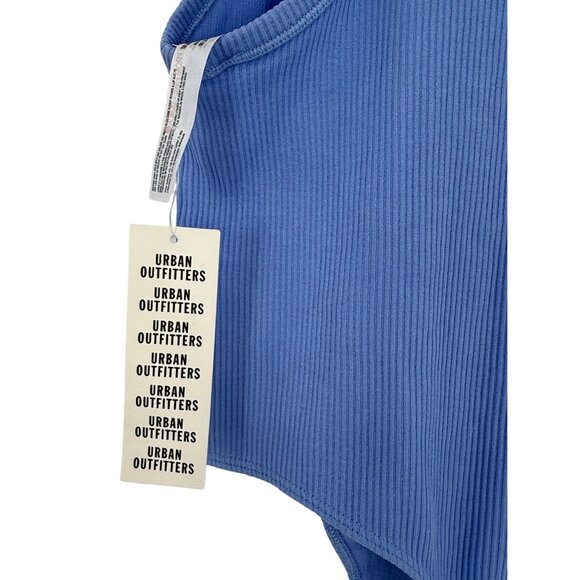 NWT UO Blue Ribbed Bodysuit XS/S High Neck V-Slit Thong • Modern Minimalist Y2K - Picture 6 of 16